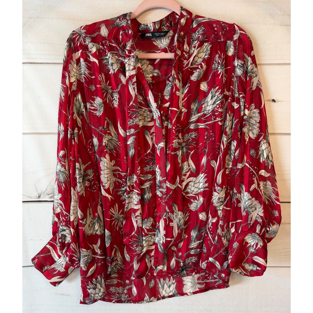 Zara Red Floral Tie Neck Blouse Long Sleeve Sheer Striped Top Small